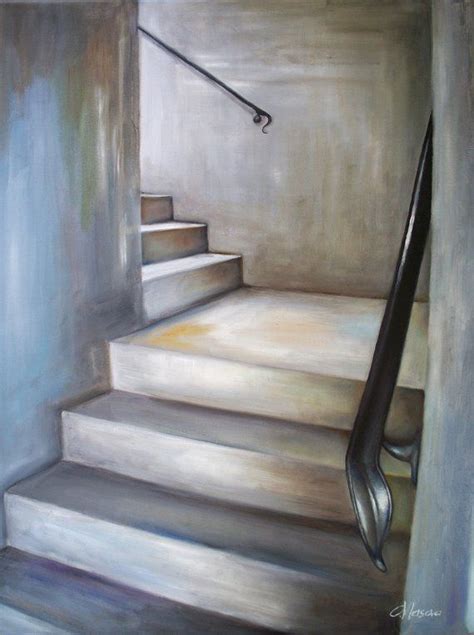 Staircase Oil Painting Original Cityscape Contemporary Art Grey Gray