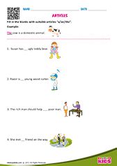 Printable exercises with short passages. English Articles worksheets grade-1