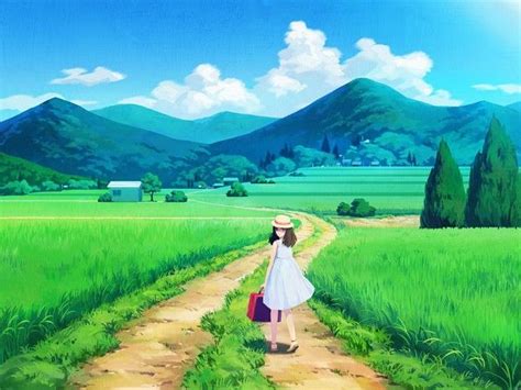 Tags Anime Pixiv Id 854214 Looking Back Field Suitcase Grass