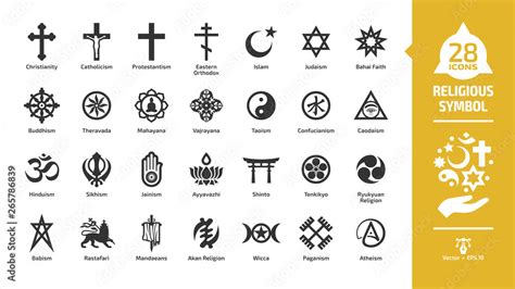 Religious Symbol Glyph Icon Set With Christian Cross Islam Crescent