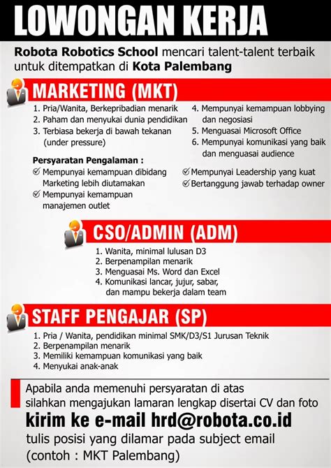 • staff administrasi • staff data entry. LOKER PALEMBANG, Admin CSO Marketing dan Staff Pengajar | KASKUS
