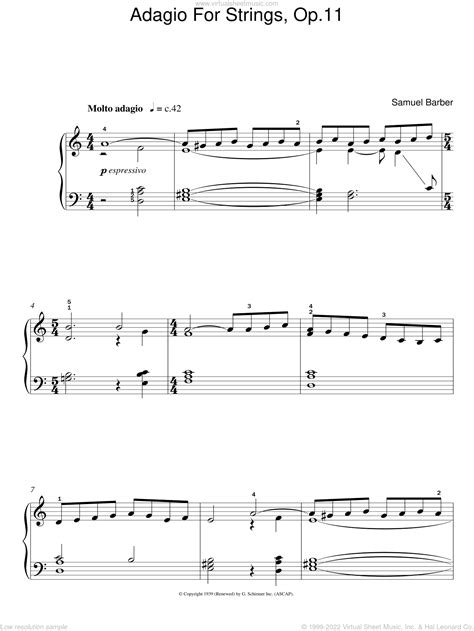 Barber Adagio For Strings Op 11 Easy Sheet Music For Piano Solo