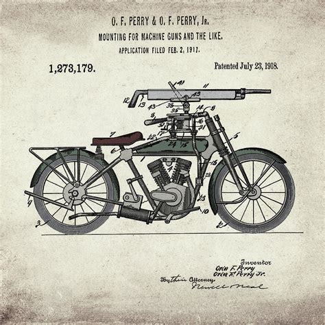Motorcycle Machine Gun Patent 1918 In Vintage Digital Art By Bill