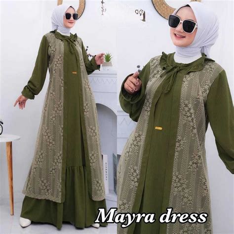 Jual Mayra Dress Wanita Busui Gamis Wanita Bahan Cringkle Combinasi Brokat Malika Import