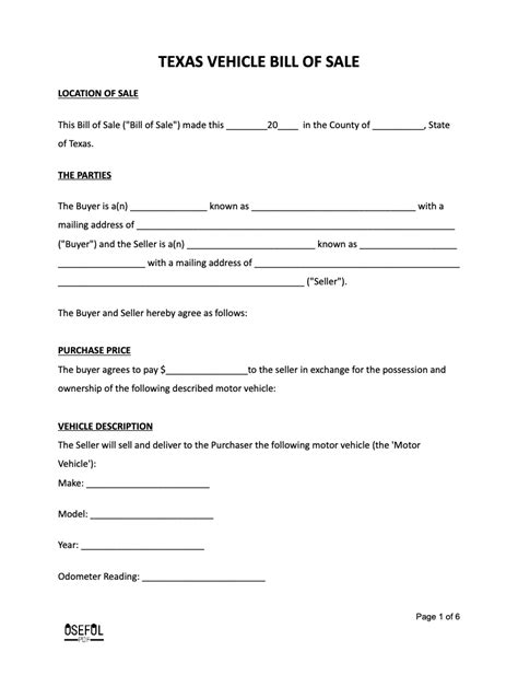 Free Texas Motor Vehicle Bill Of Sale Form Template