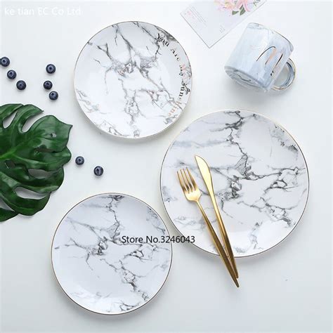 European Style Marble Plates Ceramic Dinner Set Gold Inlay Porcelain