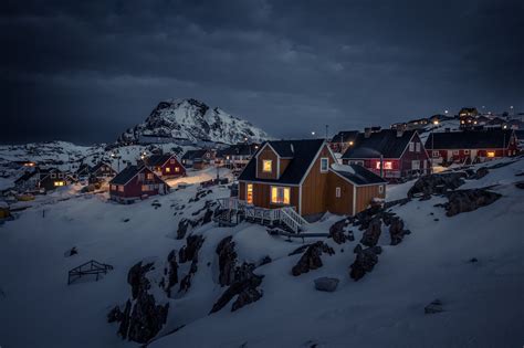 Greenland Night House Landscape Lights Town Snow Overcast Mountain Dark