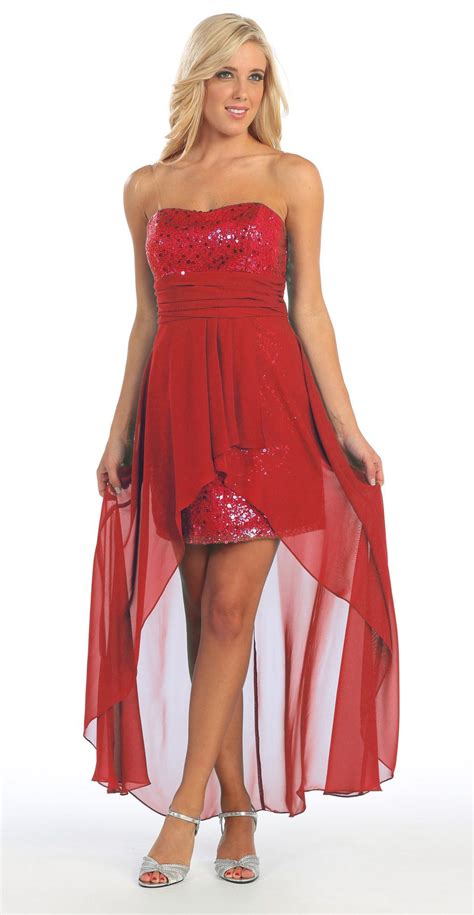 High Low Red Sequins Dress Strapless Chiffon Hi Lo Overlay Red Sequin