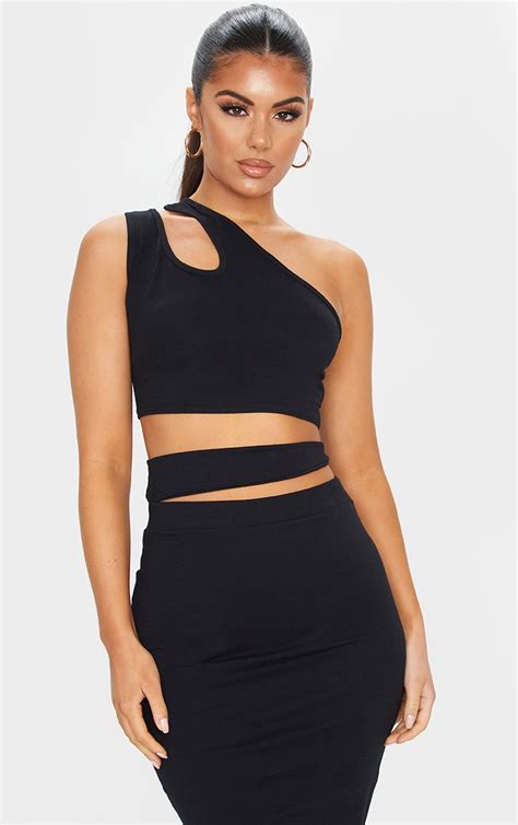 Black Cotton One Shoulder Cut Out Crop Top Prettylittlething Usa