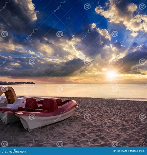 Calm Sea Beach With Boats At Sunset Stock Image Image Of Blue Calm