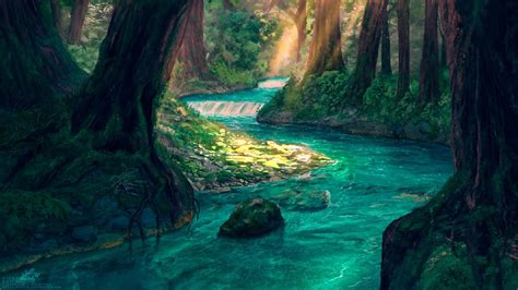 Sunlight Shining On A Forest River 1920 X 1080 Wallpaper