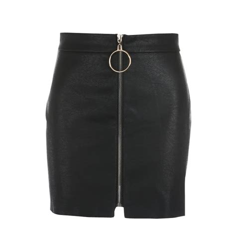 discount 2017 new girl black pu leather skirt ring metal zipper package hip miniskirt sexy