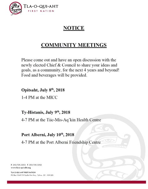 Community Meetings Notice — Tla O Qui Aht First Nation