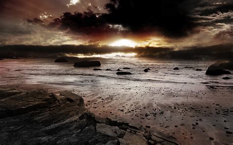 Brown Rock Formation And Seashore Sea Beach Digital Art Sun Hd