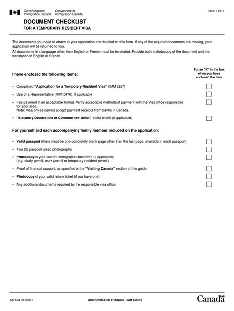 Imm 5484 Document Checklist For A Temporary Resident Visa Fill Out