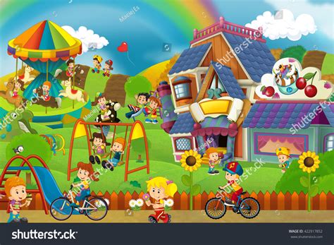 Cartoon Scene Playground Kids Front Colorful Stock Illustration