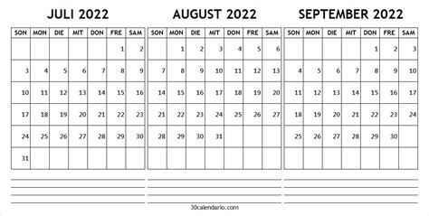 Notizen Kalender Juli August Und September 2022 Drukbare Kalender