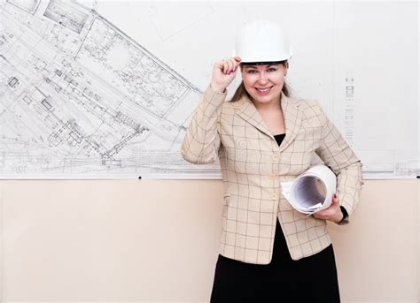 Woman In Hard Hat With Blueprints Stock Photo Image Of Caucasian