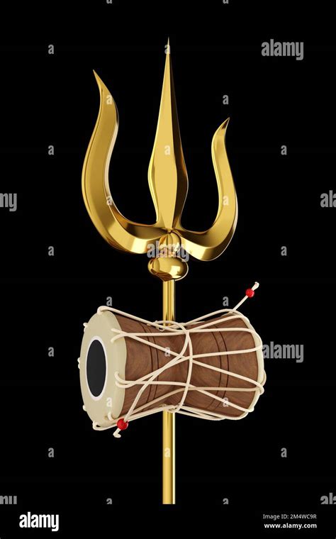 Shivas Trishul In Gold And Wooden Damru Drum Musical Instrument On