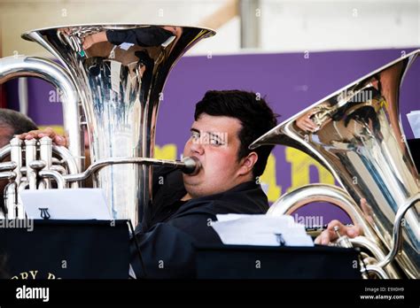 A Young Man Blowing Playing The Tuba In A Brass Band At The National