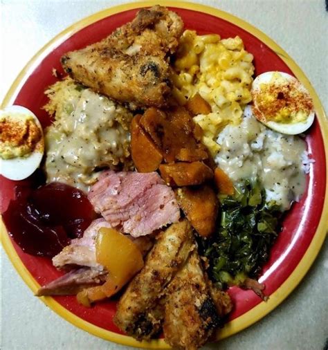 My soul food ingredients are bbq fried ribs/candied yams/cabbage & bacon/hot water cornbread. Soul Food Dinner Plates / Southern Style Dinner Party Tablescape Menu Celebrations At Home ...