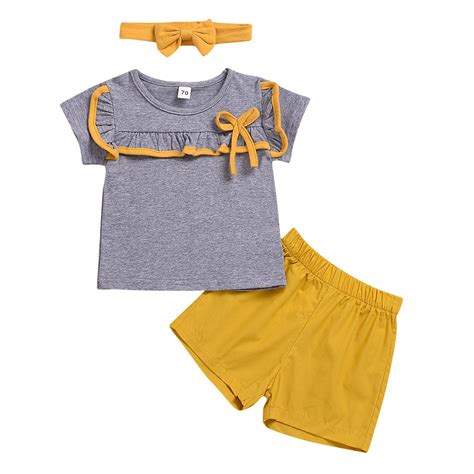 Toddler Kids Baby Girls Clothes Suit Ruffle Solid Bowknot T Shirt