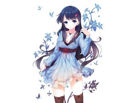 Blue Eyes Blue Hair Breasts Butterfly Caidychen Cleavage Dress Long