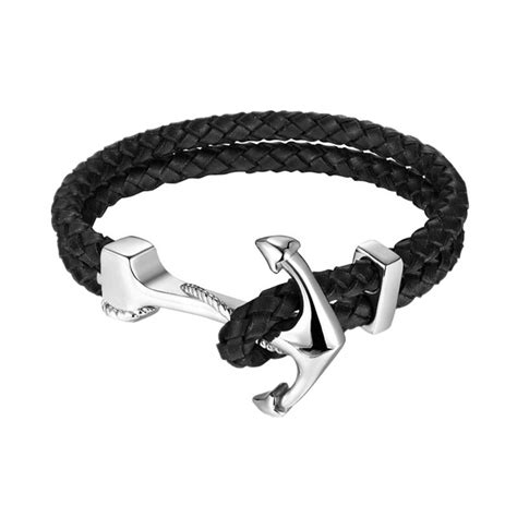 high quality stainless steel genuine leather bracelets and bangles fashion vintage anchor bracelet
