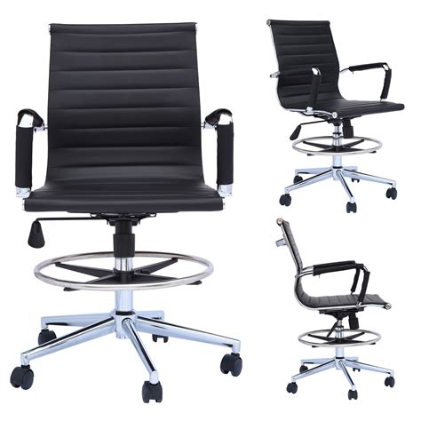 2xhome Office Drafting Chair Ribbed Mid Back With Wheels And Arms For