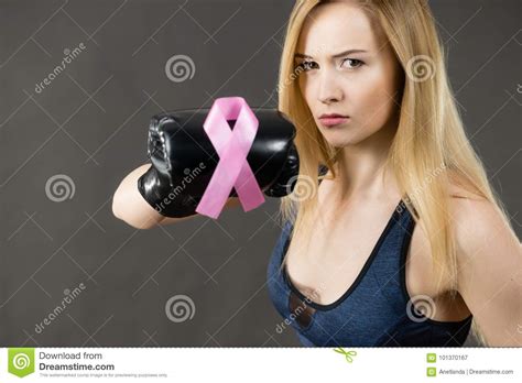 Woman Wearing Boxing Gloves Having Pink Ribbon Stock Image Image Of