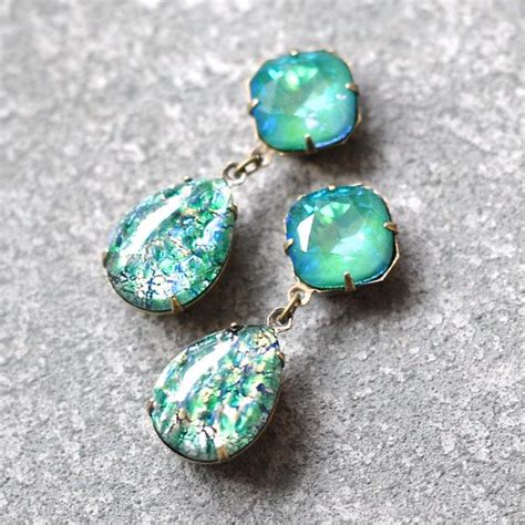Emerald Opal Aurora Borealis Earrings Swarovski Crystal Green Glass