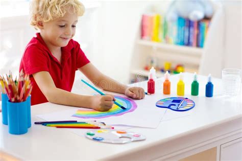 Kids Paint Child Painting Little Boy Drawing Stock Image Image Of