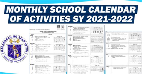 Monthly School Calendar Of Activities Sy 2021 2022 Teachers Click