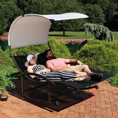 Sunnydaze Decor Sling Double Outdoor Rocking Chaise Lounge Chair With Canopy Pl 625 The Home