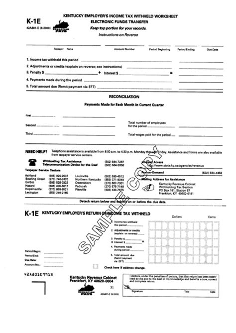 Form K 1e Kentucky Employers Income Tax Wihheld Worksheet Printable