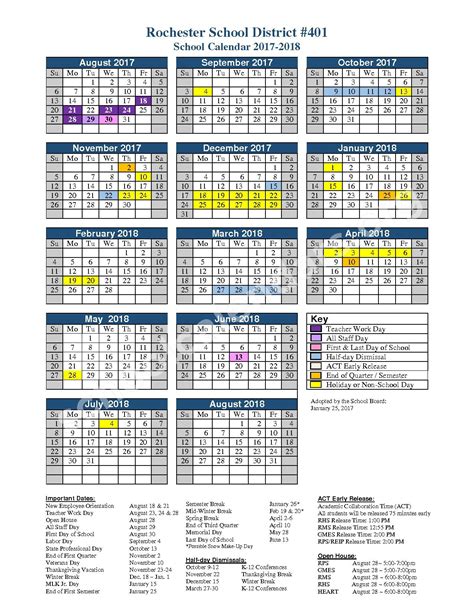 2017 2018 District Calendar Rochester School District Rochester Wa