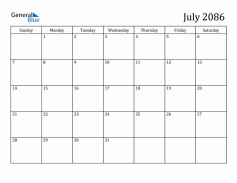 July 2086 Monthly Calendar Pdf Word Excel