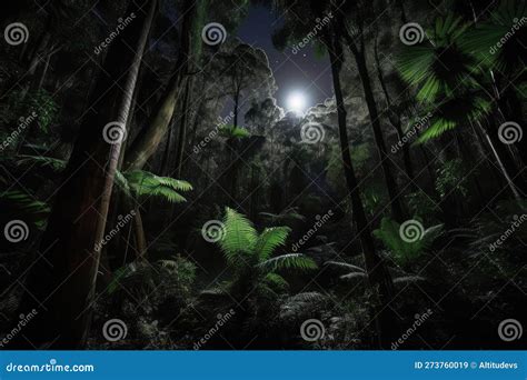 Dark Rainforest At Night With Moonlight Shining Through The Tall Trees