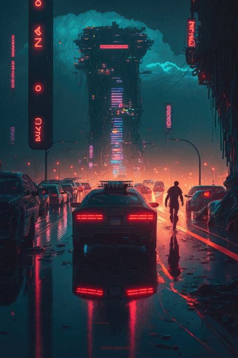 Lonely Cyberpunk Neon Highway Tangled With Vehicles Digital Art Poster