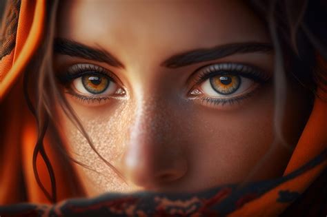 Premium Ai Image Beautiful Eyes Of Arab Woman In An Orange Hijab Generative Ai