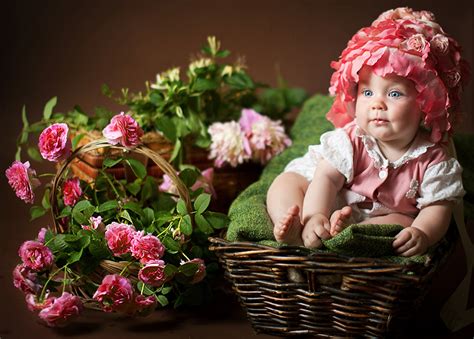 Images Little Girls Infants Child Roses Winter Hat Wicker Basket