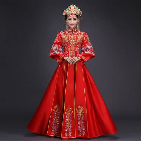 Red Chinese Wedding Dress Female Long Sleeve Cheongsam