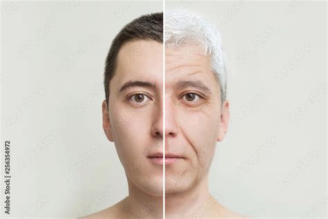 Young And Old Mans Face The Concept Of Old Age And Aging Skin