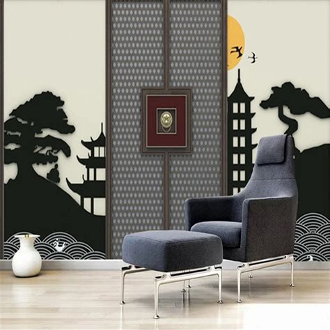 Custom 3d Mural Chinese Style Screen Mountain Tower Imitation Door