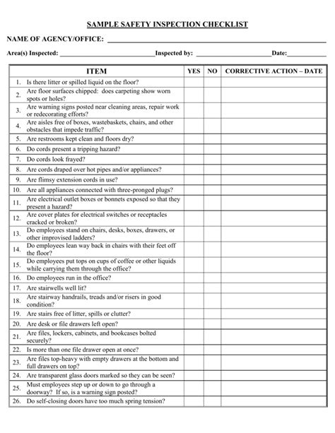 Free Workplace Safety Inspection Checklist Template