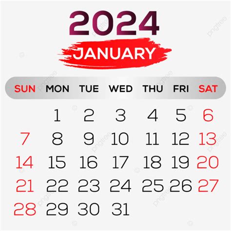 Vektor Kalender Januari 2024 Sederhana Januari Kalender Merah Dan