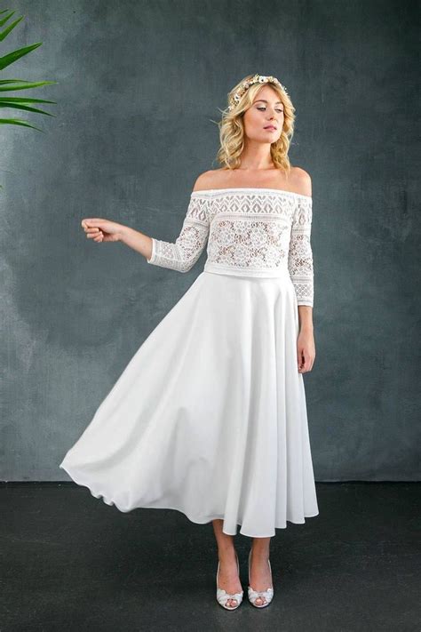 Einführung » brautkleider 2021 » kurze brautkleider » a linie midi brautkleid lexa aus spitze. Midi-Rock aus Crêpe Georgette für die Hochzeit - Alea ...
