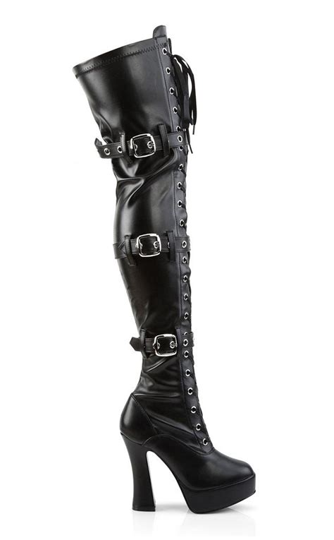 Pleaser Electra 3028 Black Vegan Leather Thigh High Boots