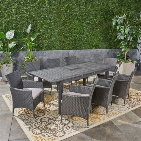 9 Piece Gray Finish Outdoor Furniture Patio Expandable Dining Set