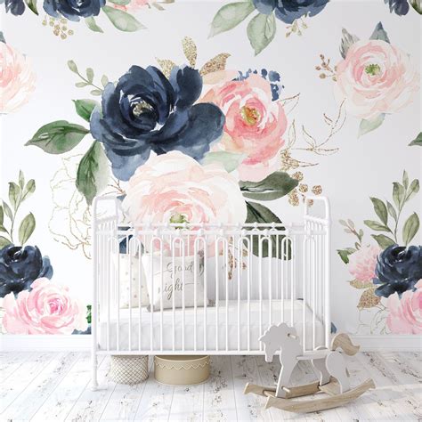 Simply browse an extensive selection of the best floral wallpaper large and filter by best match or price to find one that suits you! Navy Pink Peach Rose Floral Wallpaper / Peel and Stick | Etsy | Nursery decor girl, Floral ...